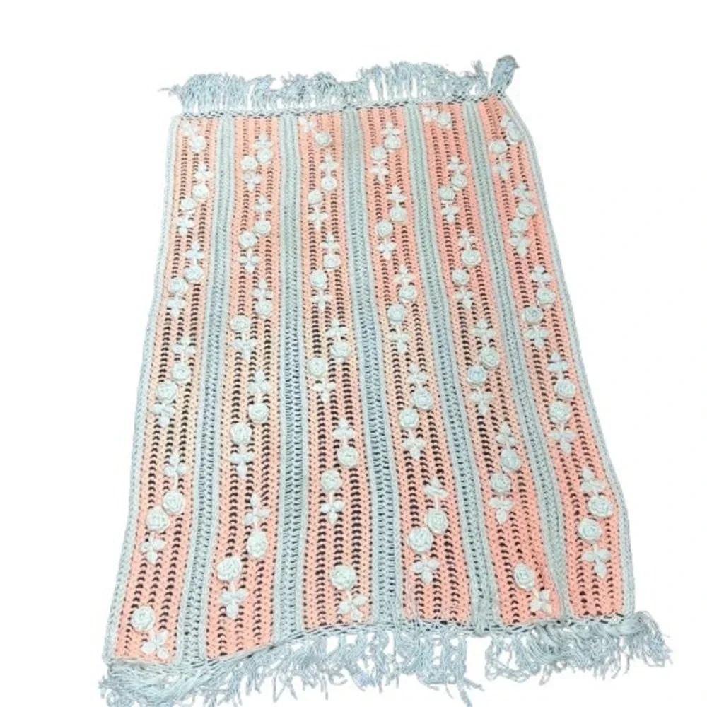 Crochet Throw Blanket 50x67 Peach Cream 3D Floral Rosette Fringe